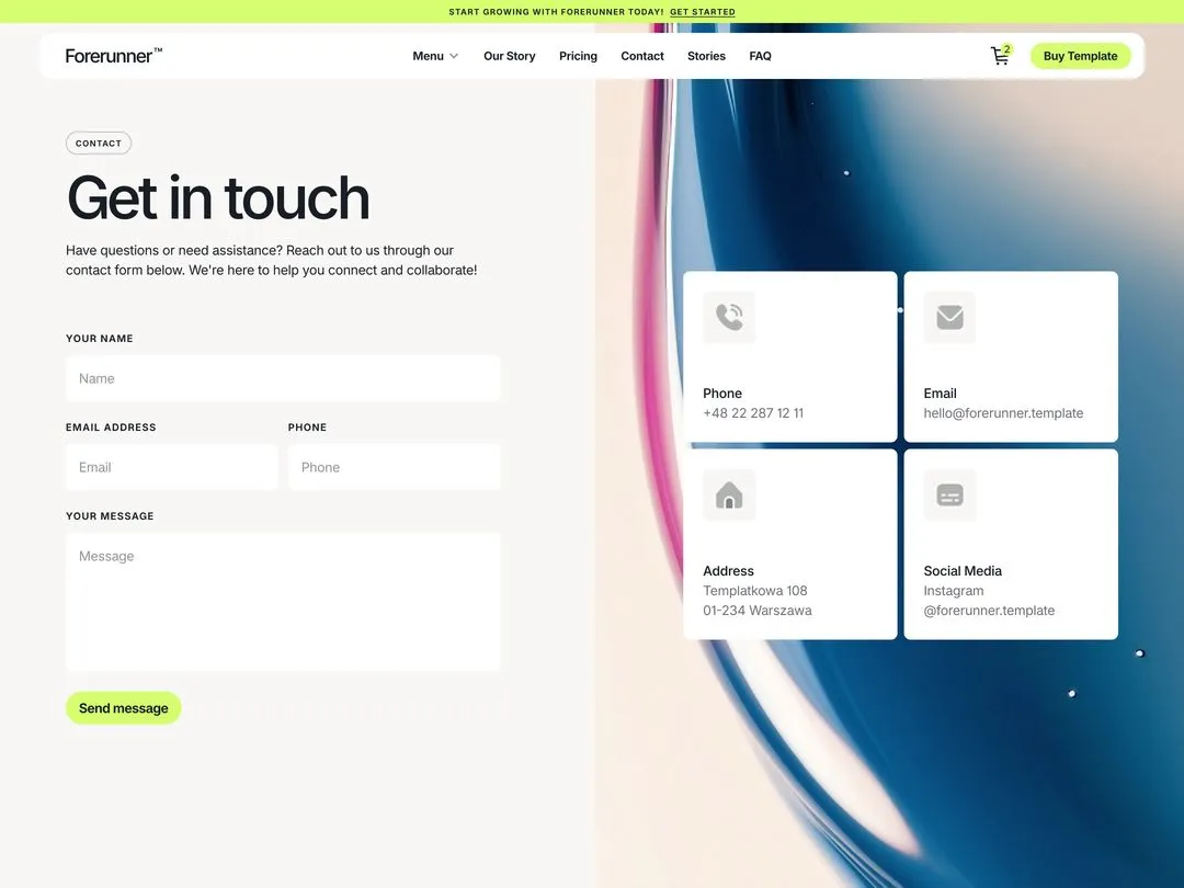 Forerunner template contact page with form